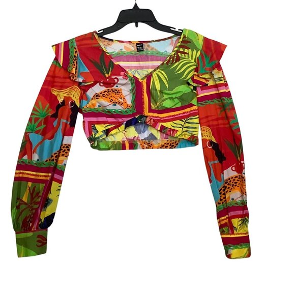 Tropical Jungle Leopard Print Long Sleeve Cropped Blouse Women Small 100% Cotton - Picture 1 of 8